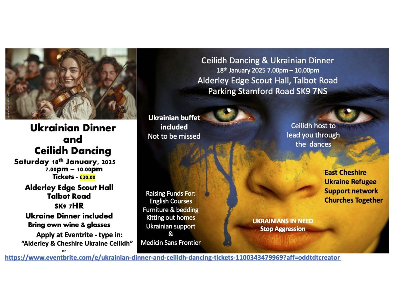 Ukrainian Dinner Dance and Ceilidh Dancing Poster.  Fund raiser to support those displaced by the conflict in the Ukraine. 